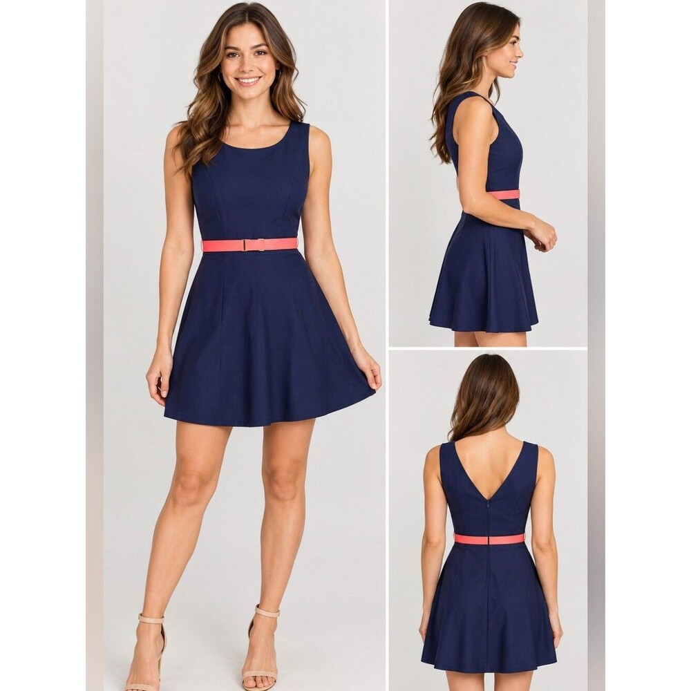 EUC By & By women's scoop neck V back A-line mini dress, navy belted 5